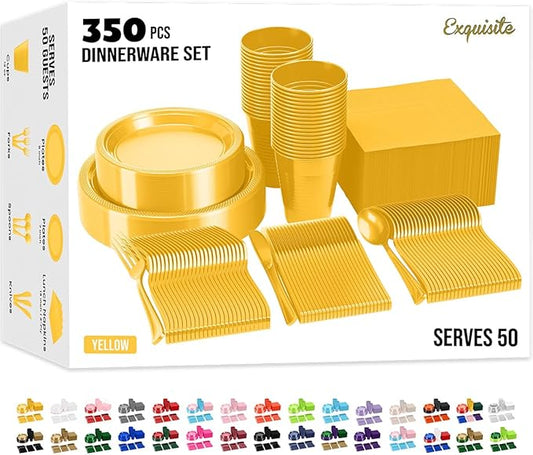 350 Pcs Yellow Plastic Plates For Party, Yellow Disposable Plates Set, 50 Of Each 9" Dinner Plate Set, 7" Dessert Plate, Cups, Napkins & Cutlery Plastic Dinnerware Exquisite