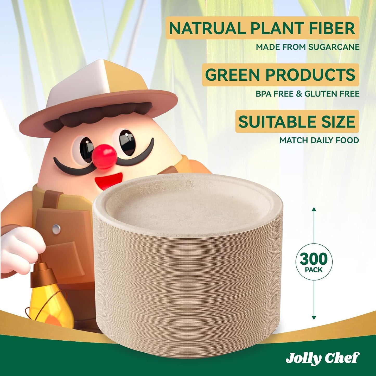 JOLLY CHEF Compostable Heavy Duty Plates 9 Inch [300 Pack] Eco-Friendly Disposable Natural Paper Plates Bagasse Biodegradable Bulk for Party Dinner Sugarcane Fibers Thanksgiving Day (Brown)