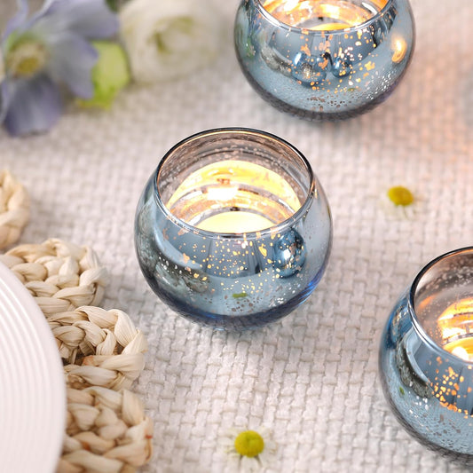 Volens 24PCS Blue Votive Candle Holders Bulk, Round Mercury Glass Candle Holders for Tealight - Blue Centerpiece Table Decorations for Wedding, Birthday, Party, Bridal Shower and Home Decor