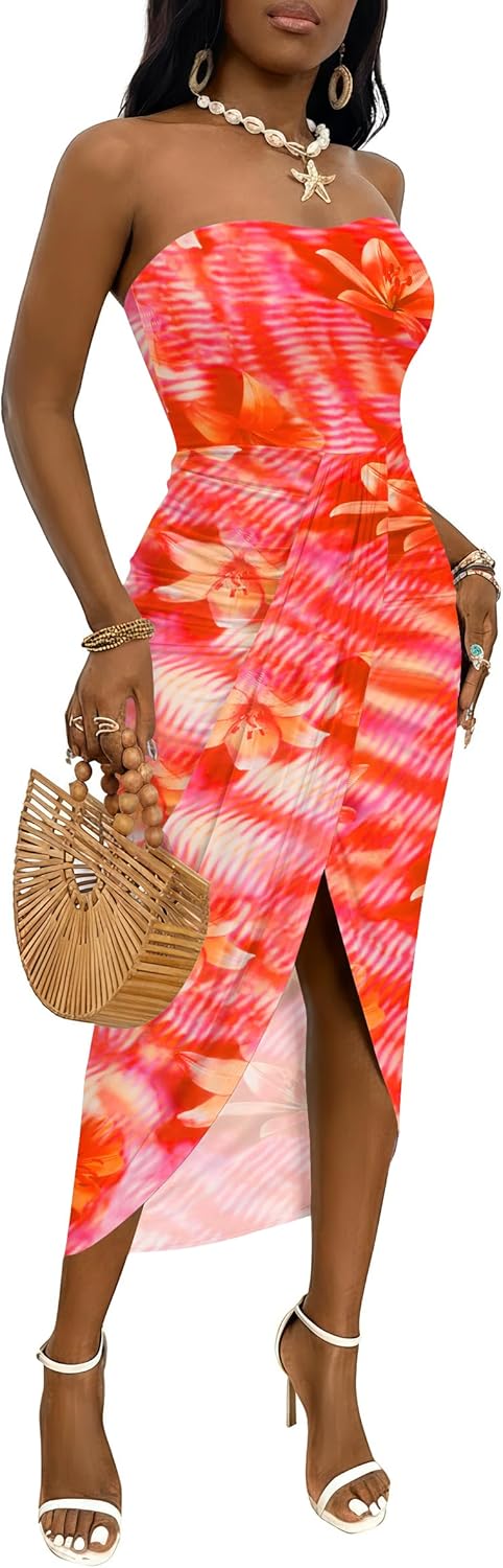 Umenlele Women's Strapless Ruched High Waist Wrap Split Asymmetrical Beach Maxi Long Dress