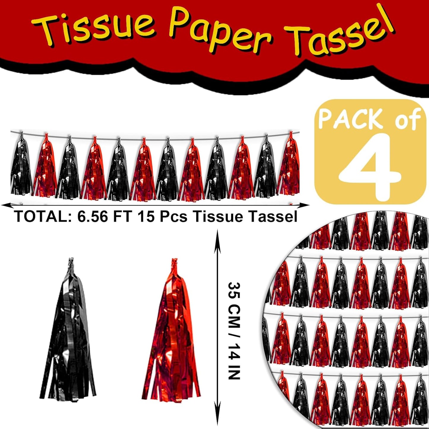 4P Black Red White Tassel Banner Garland Metallic Foil Fringe Banner Tinsel Tassels Streamer Banner Backdrop for Parade Floats Graduation, Halloween, Christmas, Father's Day Party Decorations