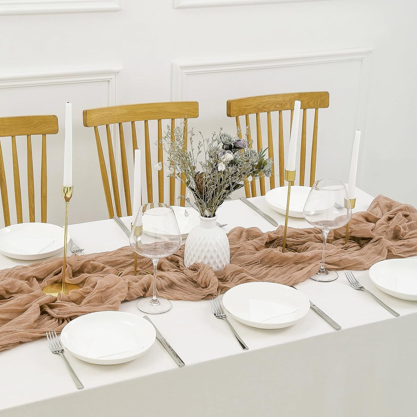 DOLOPL Brown Cheesecloth Table Runner 13.3ft Boho Gauze Cheese Cloth Table Runner Rustic Sheer Runner 160inch Long for Wedding Bridal Baby Shower Birthday Party Cake Table Decorations