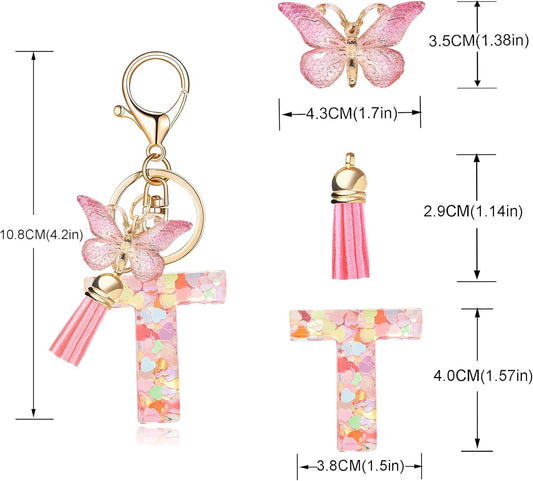 Fashion Alphabet Initial Letter Keychain Tassel Butterfly Pendant Key Ring for Purse Handbags Women Girl