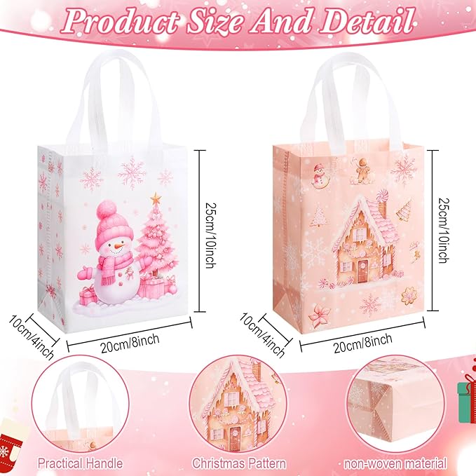 Wovnet 30 Pcs Pink Christmas Gift Bags Bulk Snowman Winter Goodie Bags with Handles Xmas Reusable Non Woven Treat Tote Shopping Merchandise Pouch for Gift Wrapping Party Favors 10 x 8 x 4in