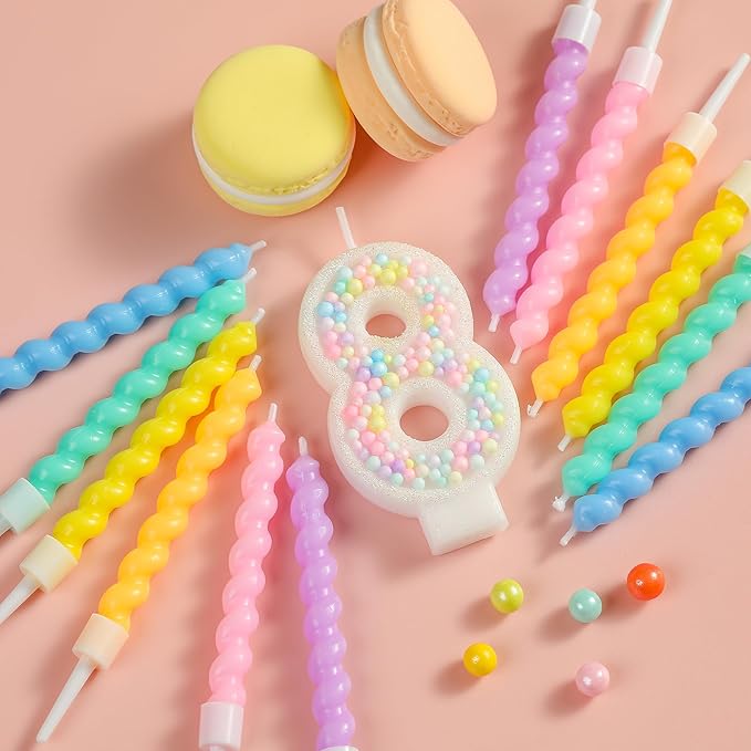 PHD CAKE Number 8 Birthday Candle Macaron Glitter Number Candle with Rainbow Spiral Candles in Holders for Cake Topper, Pastel Sweet Theme Party Decoration