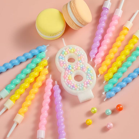 PHD CAKE Number 8 Birthday Candle Macaron Glitter Number Candle with Rainbow Spiral Candles in Holders for Cake Topper, Pastel Sweet Theme Party Decoration