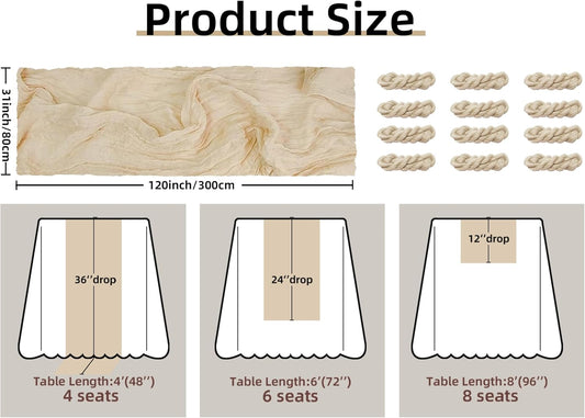 FEXIA 12 Pack Beige Table Runner 35x120 Inches for Baby Shower Decoration Gauze Rustic Table Runner for Wedding Party First Communion Centerpiece Engagement Bridal Shower Boho Decoration