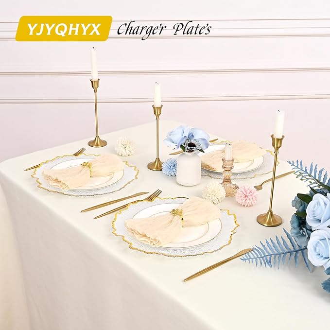 50 Pack Clear Charger Plates Bulk, 13" Plastic Reef Chargers for Dinner Plates, Round Charger Plate with Gold Rim Floral Reef Design for Dinner Wedding Party Table Setting Decoration