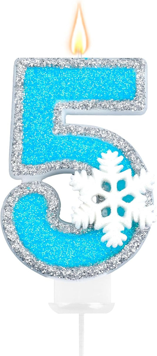 Frozen Themed Birthday Candles Party Decorations, Blue and Silver Number 5 Birthday Candle, Happy Birthday Candle for Cake, Snowflake Cake Topper Decoration for 5th 5 Year Old Party Favor Supplies
