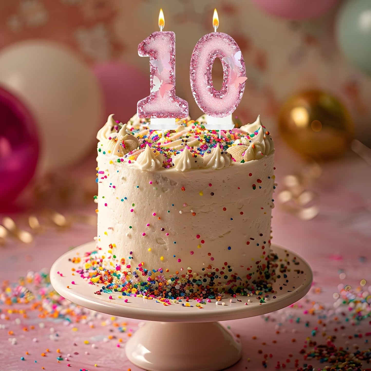 10Th Birthday Candles，Glitter Butterfly Cake Toppers Pink Sequins Wedding Numeral Cupcake Decorations，Suitable for Girl and Boy Wedding Cakes, Party Celebrations, Birthday Decorations (10)