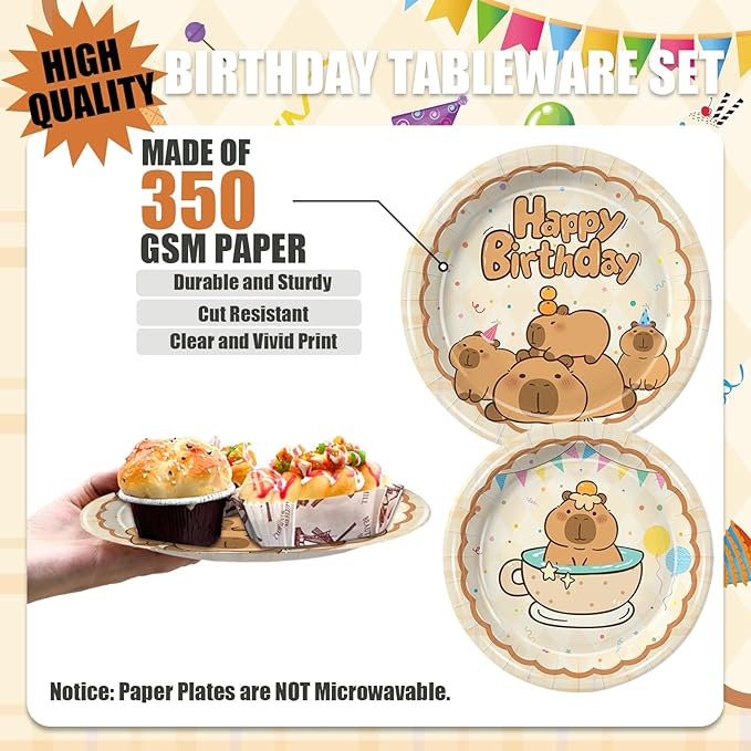 168Pcs Capybara Birthday Decorations Capybara Theme Party Plates and Napkins Cups Tableware Set Capy Animals Themed Party Supplies for Boys Girls Serves 24