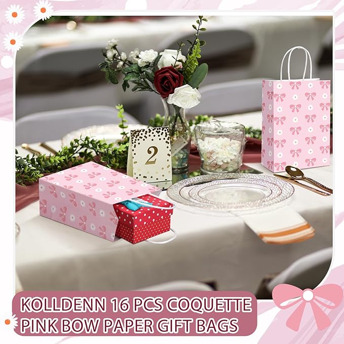 Kolldenn 16 Pcs Coquette Daisy Bow Paper Gift Bags Women Mother's Day Birthday Favor Goodie Candy Bags with Handles for Bridal Engagement Baby Shower Party Supplies