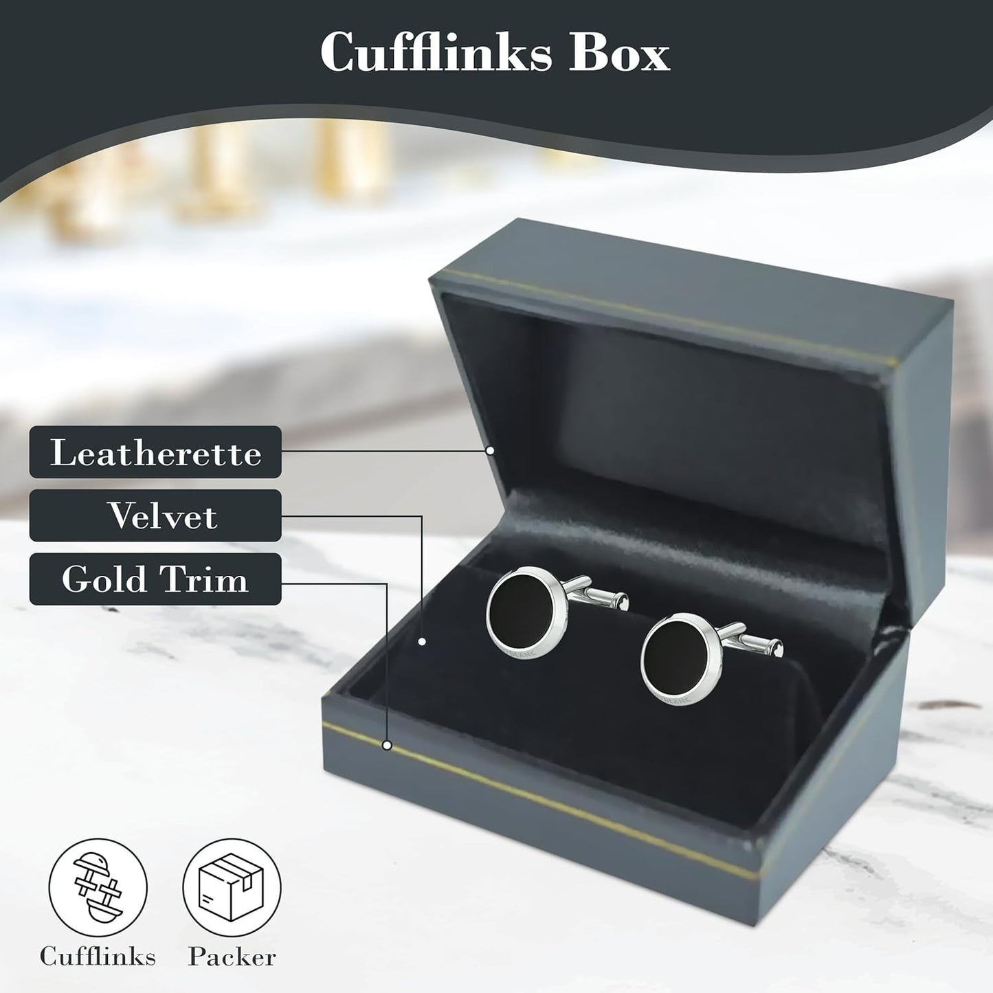 Novel Box Black Jewelry Box for Cufflinks 2.87x2x1.5 Inches - Stylish Cufflink Gift Boxes with Gold Trim - Faux Leatherette Cufflinks Storage Case - Gift Presentation Cases for Cufflinks Only