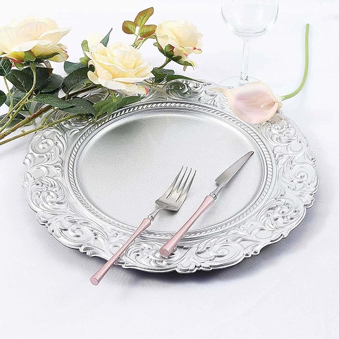 Efavormart Set of 6 SILVER 14" Round Plastic Charger Plates With Engraved Baroque Design Rim For Wedding Party Events