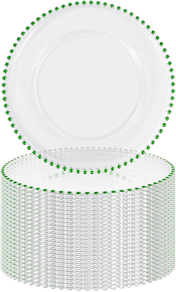 24 PCS Clear Round Charger Plates with Beaded Rim, 13 Inch Plastic Acrylic Plate, Plastic Round Beaded Dinner Decorative Service Plates for Wedding Party Event, Home Kitchen Tabletop(Green)