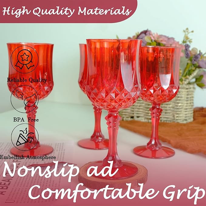 Plastic Wine Glasses, Plastic Goblets Vintage Style Cordial Unbreakable Drinking Glasses, Reusable Drinkware for Wedding Reception, Grand Event Party Supplies, Easter (24, Red)