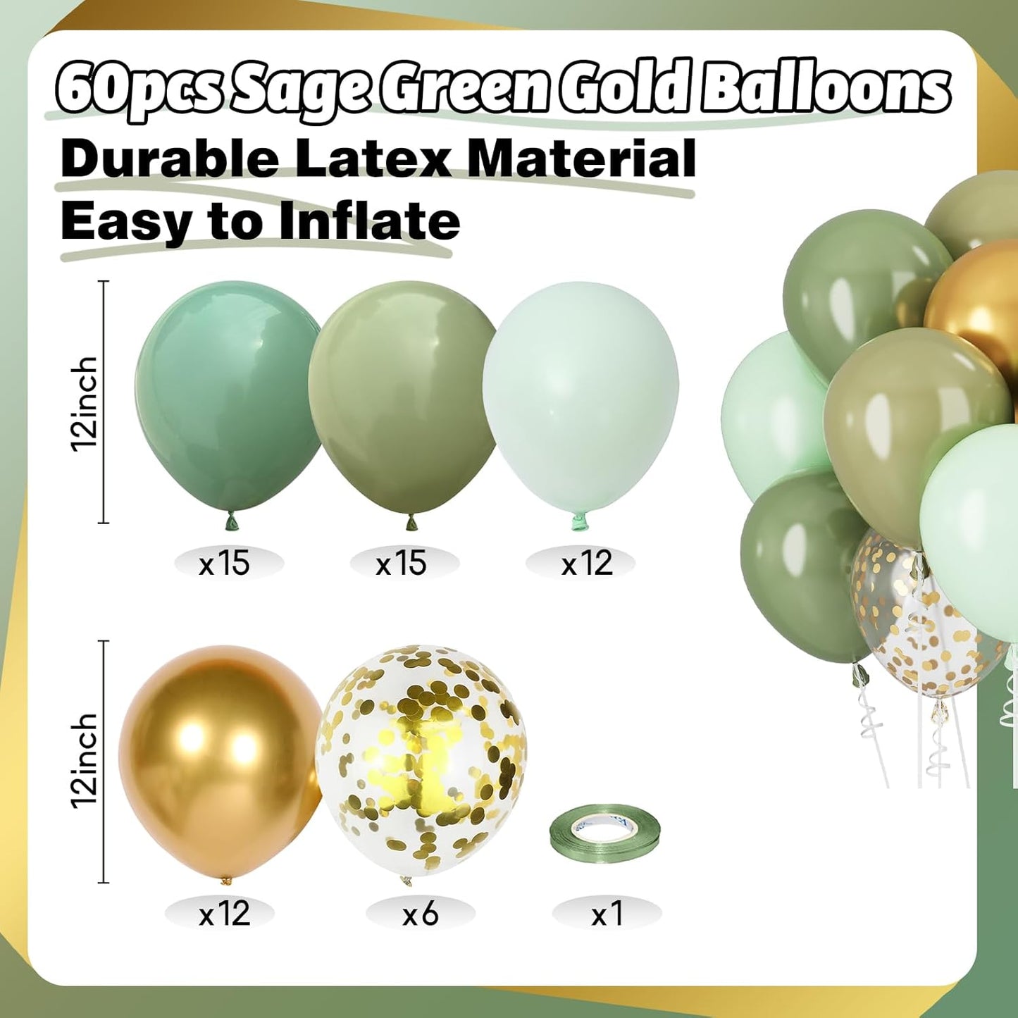 Green and Gold Balloons Sage Green Gold Confetti Balloons for Jungle Safari Party Lion Birthday Decorations Retro Olive Balloons for Arch 60PCS 12INCH Pastel Green Latex Helium Balloon Wild Animal