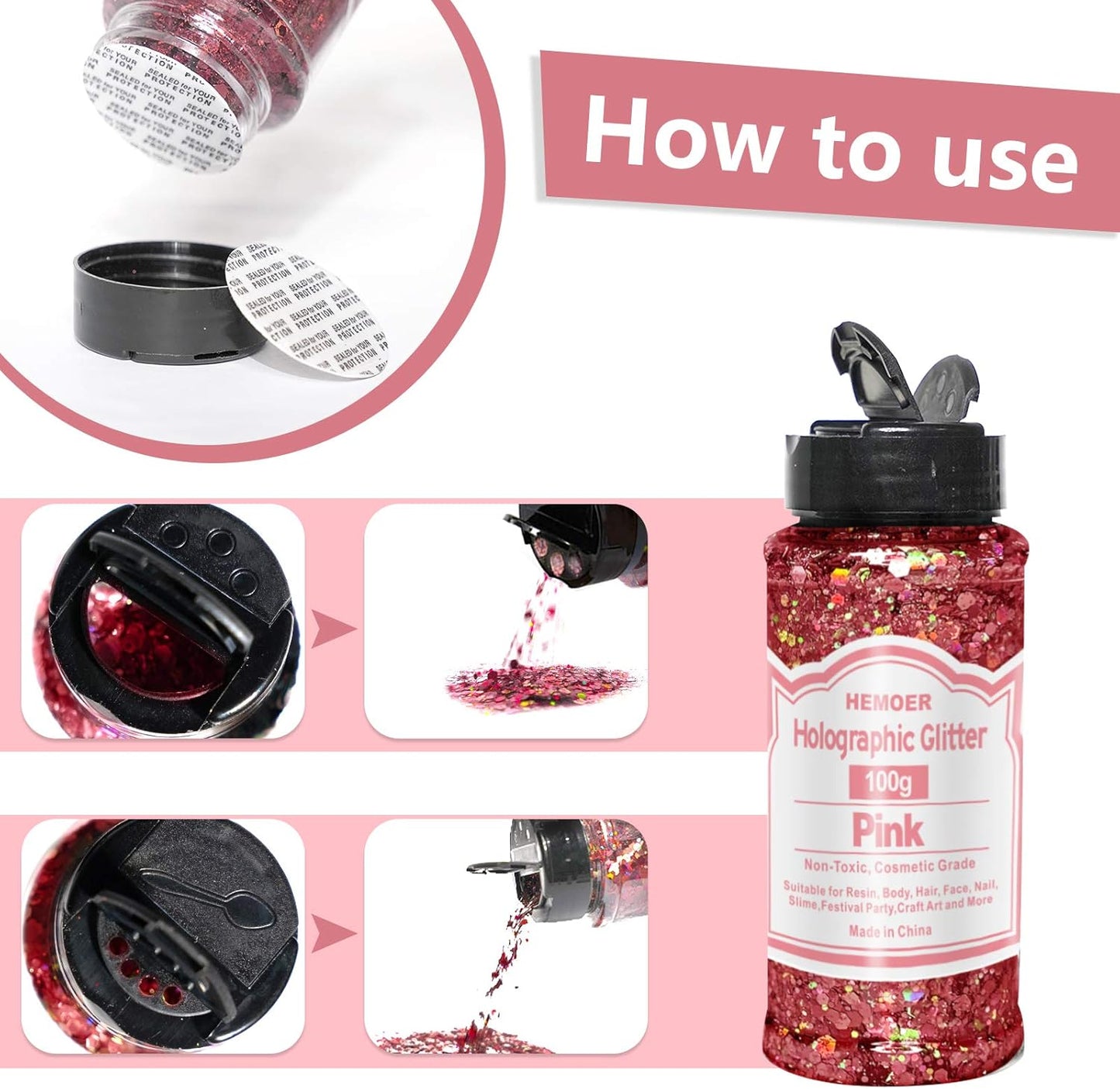 HEMOER Pink Glitter, 100g/3.5oz Holographic Chunky Glitter Mixed Hexagon Chunky & Fine Flakes Iridescent Sequins for Epoxy Crafts, Resin, Nail Body, Tumblers, Party Decoration