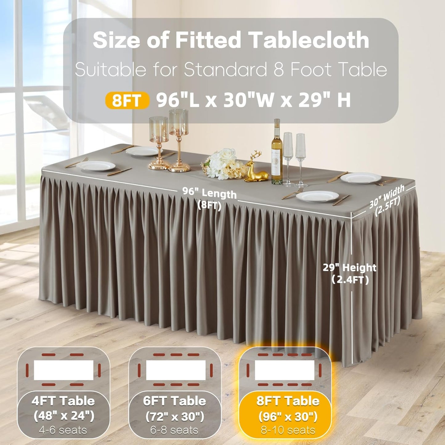 Natural Polyester Table Clothes for 8 Foot Rectangle Tables, Wrinkle Free Fitted Table Cover with Pleated Ruffle Table Skirt for Birthday Party Wedding Trade Show Event Display