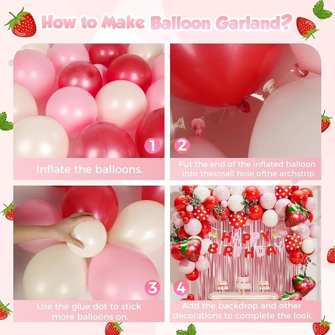 Strawberry Birthday Party Decorations 101pcs, Red Pink Red white Strawberry Balloons with Pink Fringe Curtain Happy Birthday Banner for Sweet Girl Berry First Birthday Baby Shower Party Decor