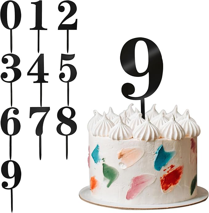 Big 6 IN 0-9 Black Birthday Number Cake Toppers Large Acrylic Happy Anniversary Cake Topper Sticks For Diy Handmade Cake Sign Decorations 10 Pcs Cupcake Topper Party Supplies Black Set