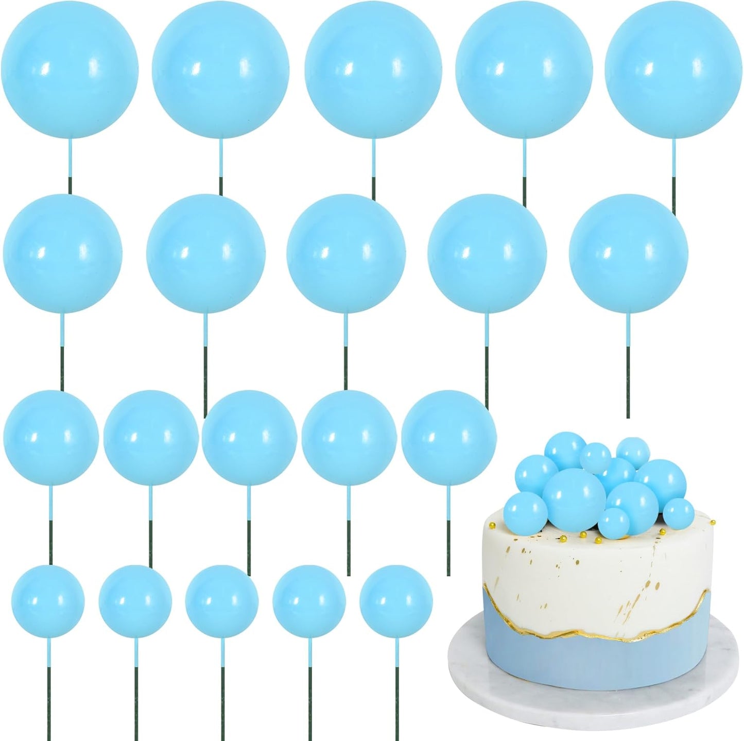 BEISHIDA 20 PCS Baby Blue Mini Ball Cake Toppers Foam Cake Balls Decoration Supplies for Happy Birthday Anniversary Wedding Baby Shower Cake Decorations