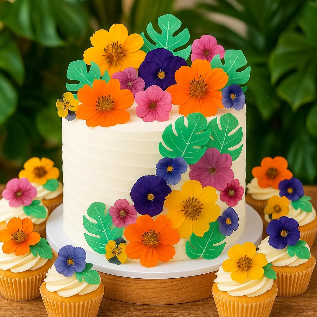 60 PCS Real Edible Flower Tropical Cupcakes Cake Decoration, Hibiscus Flowers Turtle Back Leaves Cartoon Birthday Cake Toppers -Hawaiian Series Theme Wedding, Party, Cocktails