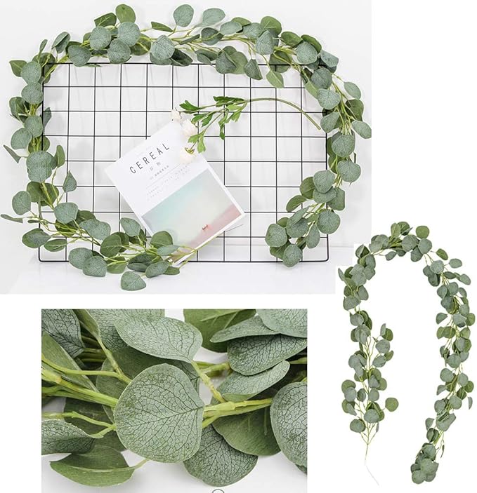 DearHouse 2pc Artificial Eucalyptus Garland Faux Silk Eucalyptus Leaves Vines Handmade Garland Greenery Wedding Backdrop Arch Table Decor, 6.1ft/pc