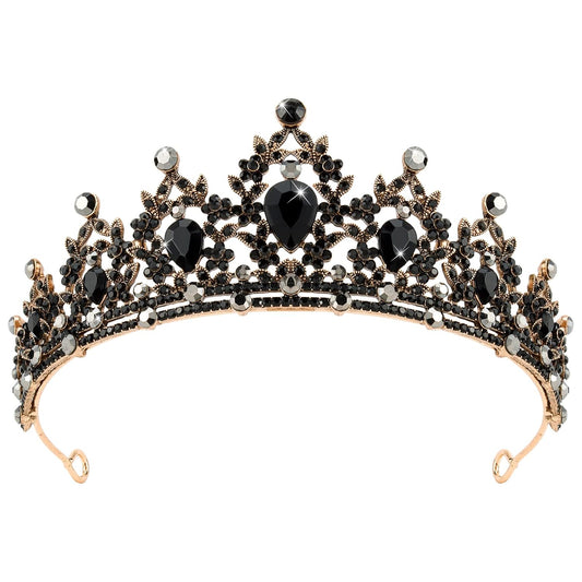 CAVETEE Gothic Crown Headpiece - Black Baroque Tiara with Vintage Rhinestones for Women & Girls - Halloween, Birthday, Wedding & Bridal Occasions
