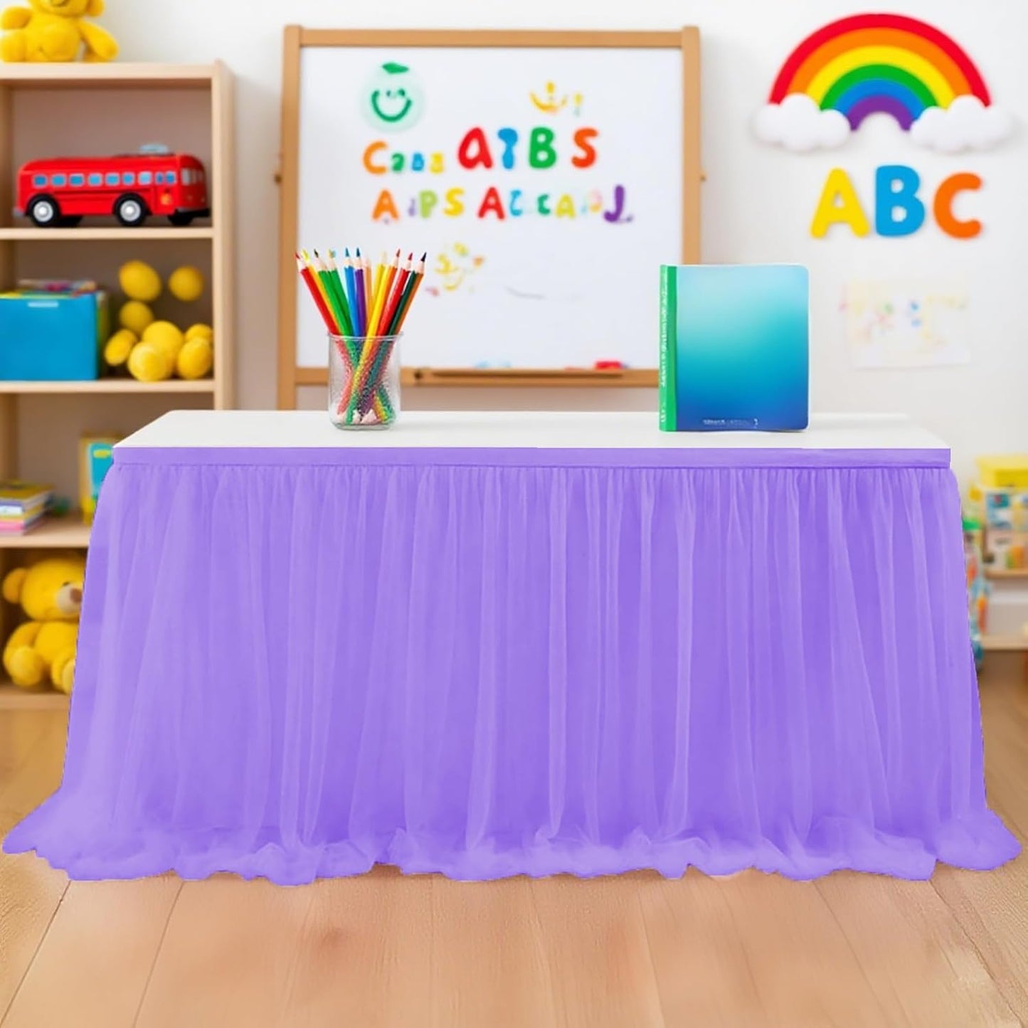 9FT Tulle Table Skirt for Teacher Desk Rectangular Ruffle Table Back to School Supplies for Kindergarten Preschool Middle School Classroom Decor, Purple 1