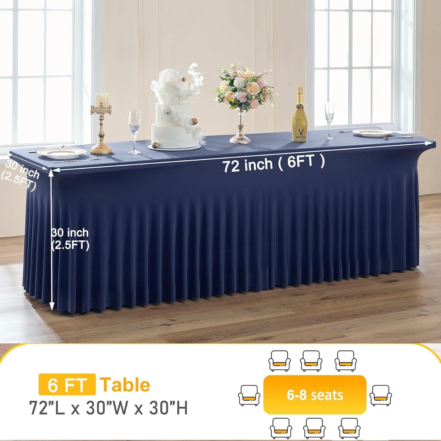 6pk Navy Blue Spandex Tablecloths 6ft for Rectangle Tables, Wrinkle Free Classy Table Skirt Stretchy Fitted Table Cloths Covers 6 Foot for Weddings Birthday Party Events Banquette Baby Shower