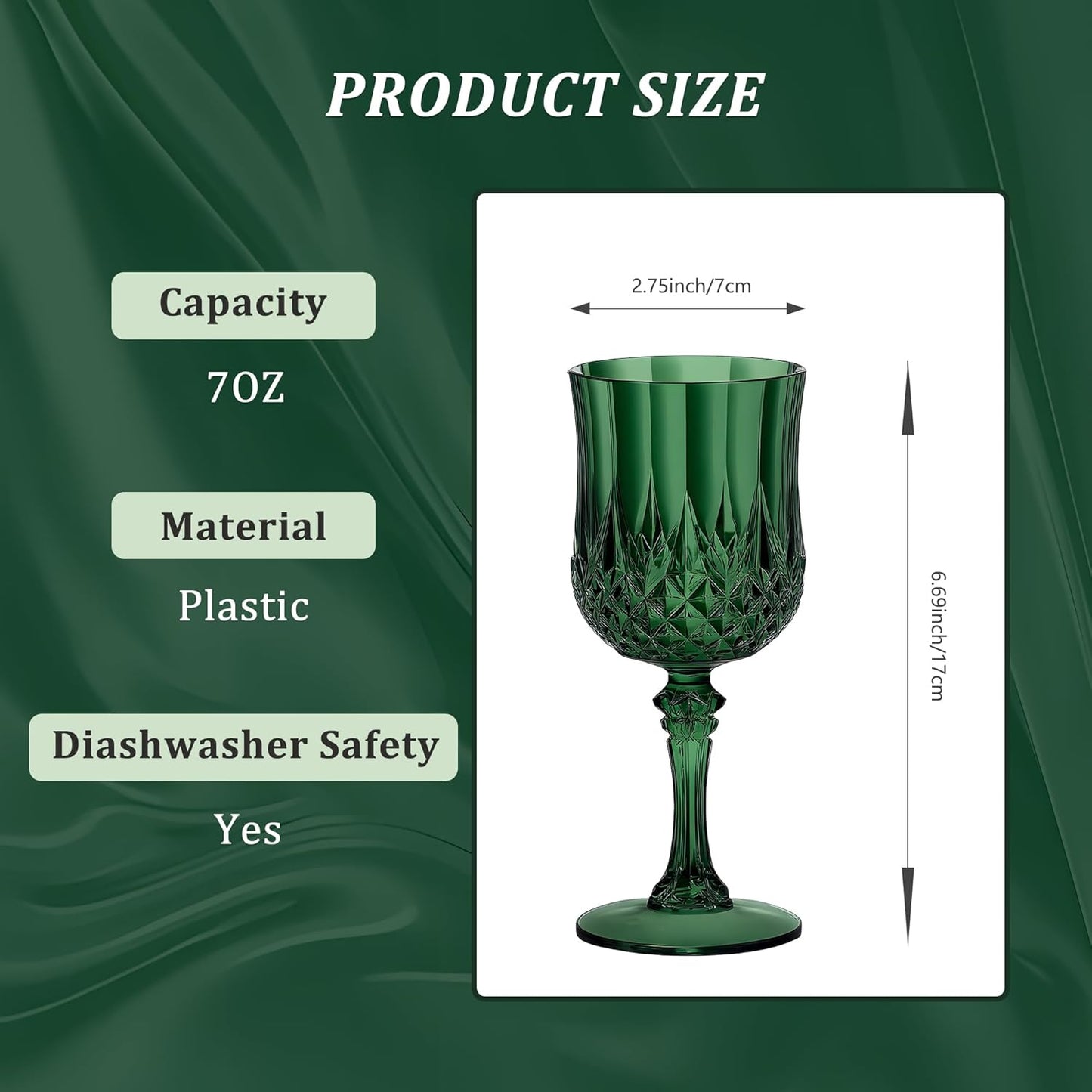 12PCS 7OZ Dark Green Wine Plastic Glasses Drinking Champagne Glasses Flutes Crystal Vintage Water Unbreakable Goblets for Christmas, Wedding, Parties
