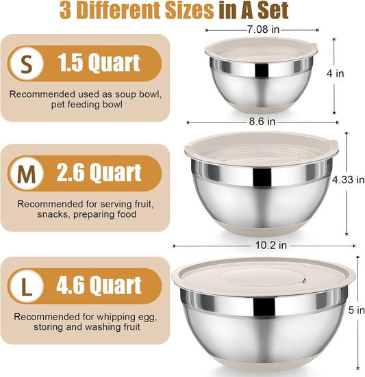 P&P CHEF Mixing Bowl with Lids Set of 3, Stainless Steel Nesting Salad Bowls for Serving Preparing, 3 Grater Attachments & Non-Slip Bottoms, Size 1.5/2.6/4.6 QT, Khaki