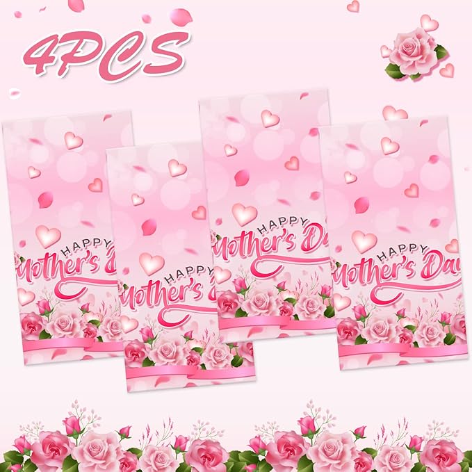 Happy Mothers Day Decorations Tablecloth 4 Pack Large Rectangle Pink Rose Mothers Day Table Covers for Mothers Day Outdoor Party Disposable Waterproof Plastic Tablecloth