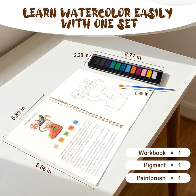 Kivzex Watercolor Workbook for Adults, Beginner Friendly Watercolor Painting Kit Christmas Water Coloring Book, Nature-Themed Practice Art Gift Water Color Paint Book with Palette and Brush