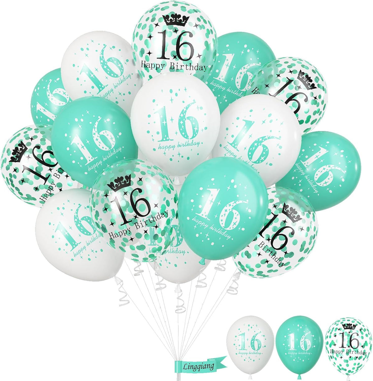 Happy 16th Birthday Balloons Girls, 15pcs Teal White 16th Birthday Decorations Boys, Turquoise White Confetti 16th Bday Party Balloons for Girl Sweet 16 Years Old Age Birthday Party Decor Supplies