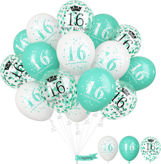Happy 16th Birthday Balloons Girls, 15pcs Teal White 16th Birthday Decorations Boys, Turquoise White Confetti 16th Bday Party Balloons for Girl Sweet 16 Years Old Age Birthday Party Decor Supplies