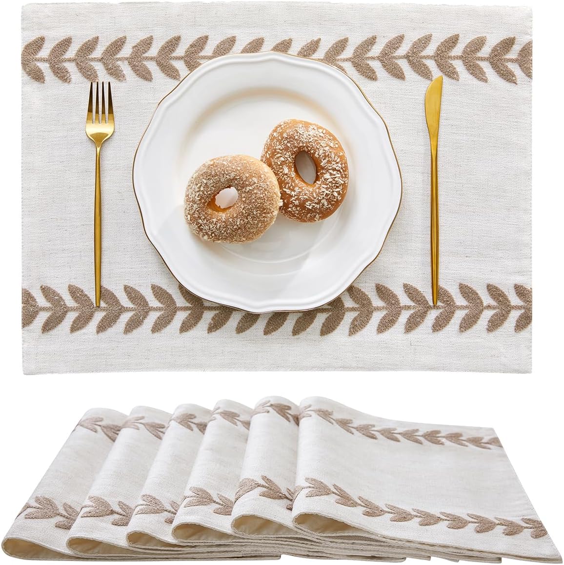 Wracra Embroidered Placemats, 13 x 18 Inch Set of 6 Placemats, Irregular Willow Rustic Place Mats for Kitchen Table and Heat Resistant, Taupe 6PCS