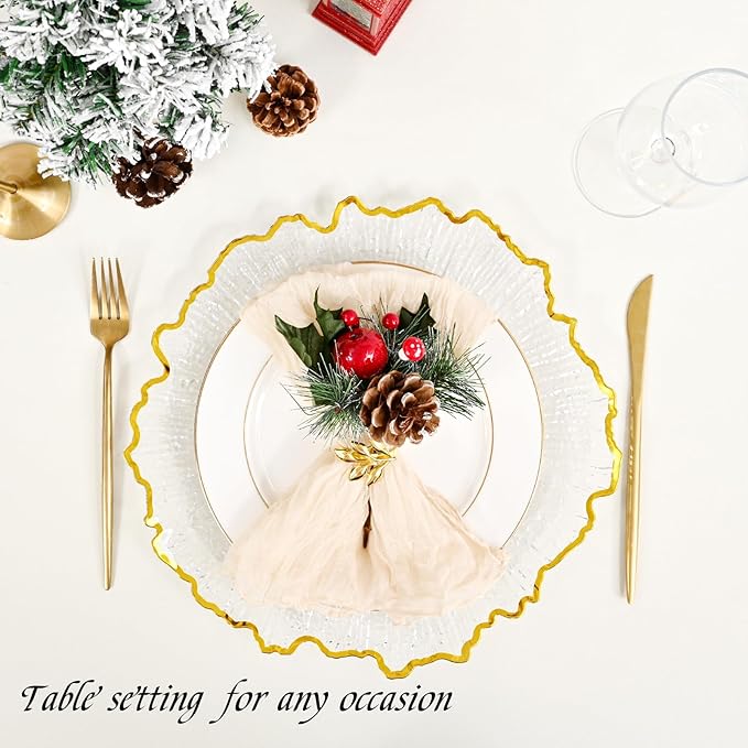 24 Pack Clear Charger Plates Bulk, 13" Plastic Reef Chargers for Dinner Plates, Round Charger Plate with Gold Rim Floral Reef Design for Dinner Wedding Party Table Setting Decoration