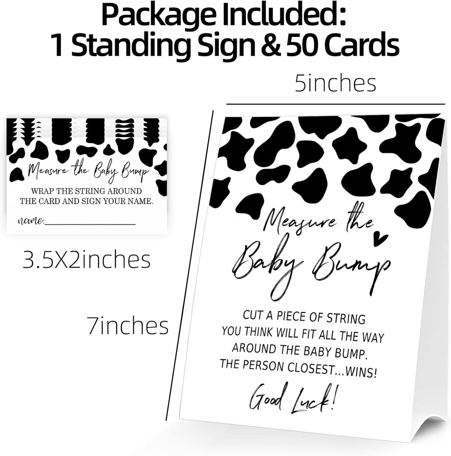 Baby Shower Games Measure the Baby Bump Sign, How Big is Mommy's Belly Party Favors Supplies, 5x7 Inch Kraft Standing Sign and 50 Guessing Cards, Dairy cow