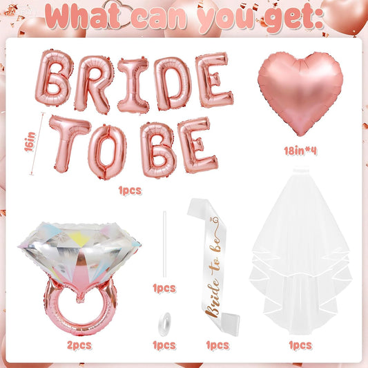 Rose Gold Bachelorette Party Decorations, Rose Gold Bride to Be Banner Heart Balloon with Diamond Ring Foil Balloon, Bride to Be Sash&Veil for Bachelorette Engagement Gift Bridal Shower Party Supplies
