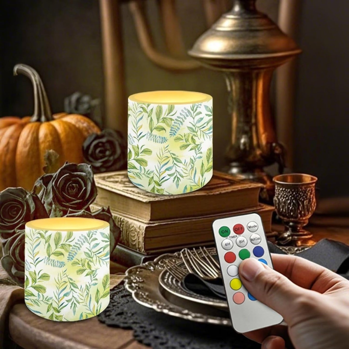 Poceacles Remote Control LED Candles Set of 4 Battery Powered Flameless Candles with Multi-Color Lighting Options, Timer Function, 12 Colors Changing, for Indoor Outdoor Decor, Green Leaves