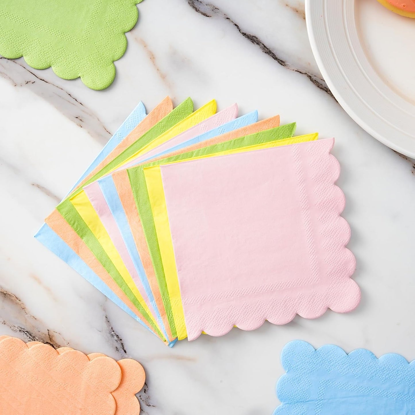 100 Pastel Rainbow Scalloped Cocktail Napkins, 3 Ply 5 x 5 Inch Beverage Napkins Paper Napkins Disposable Luncheon Napkins for Wedding Birthday Party Bridal Anniversary Baby Shower