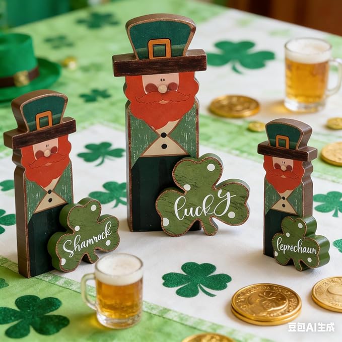6 Pcs Wooden St Patricks Day Tiered Tray Decorations Sign Wood Irish Table Centerpieces Block Leprechaun Clover Figurines Shamrock Lucky Tabletop Ornaments for Rustic Farmhouse Office Home Shelf