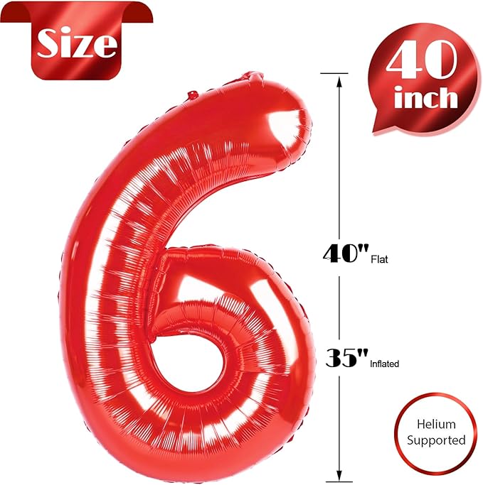 Red Number 6 Balloon 40 Inch, 6th Birthday Party Decorations for Children, Giant 6 Foil Balloon for Party Supplies