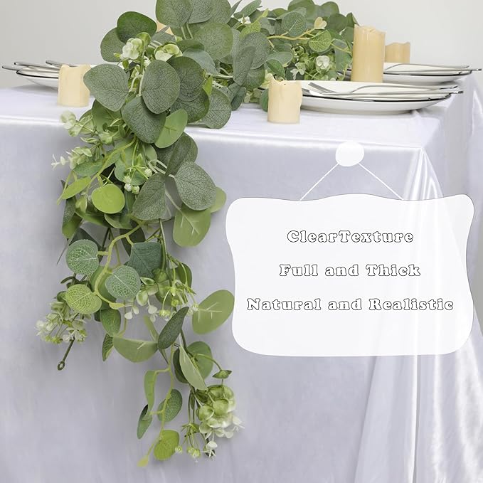 Artificial Eucalyptus Garland with gypsophila Flowers 2pcs 11.8ft Faux Greenery Garland Fake Eucalyptus Leaves for Wedding Arch Farmhouse Mantle Table Runner Decor Centerpiece Home Party Decor (green)