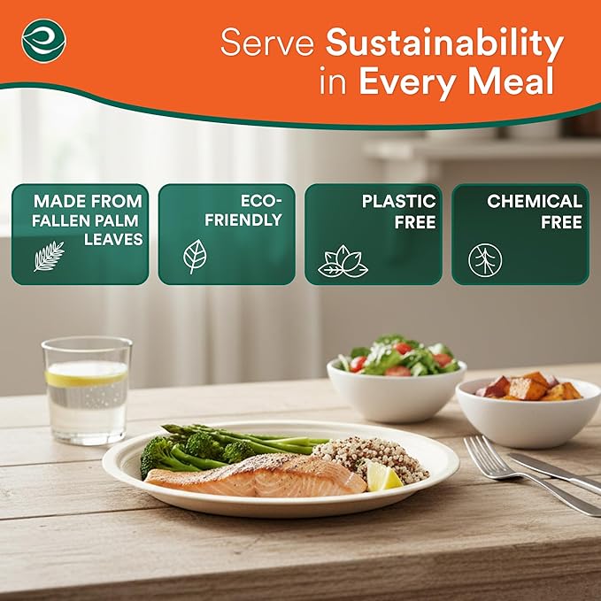 ECO SOUL 8 Inch Disposable Palm Leaf Plates [100 Pack] Premium Food-Safe Heavy Duty Compostable Bamboo Paper Plates for Lunch, Dinner, Birthday, Weddings, Party, Camping & Catering Events [Round]