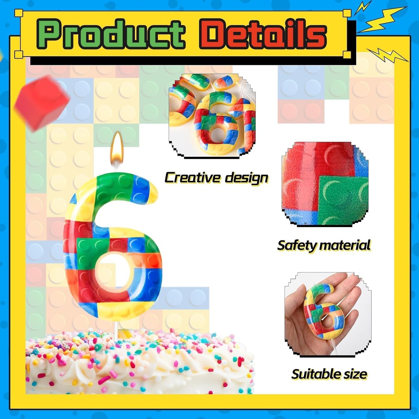 Building Block Themed Birthday Candle Number 6 Candle Birthday Party Decoration Cake Topper for Building Block Party Decoration Theme Parties Supplies (Number 6)