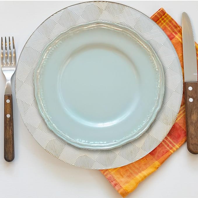 13" Antique Charger Plates, Geometry Pattern White Charger Plate Set of 6, Round Server Ware Chargers for Dinner Plate, Reusable Bulk Table Setting for Party or Event