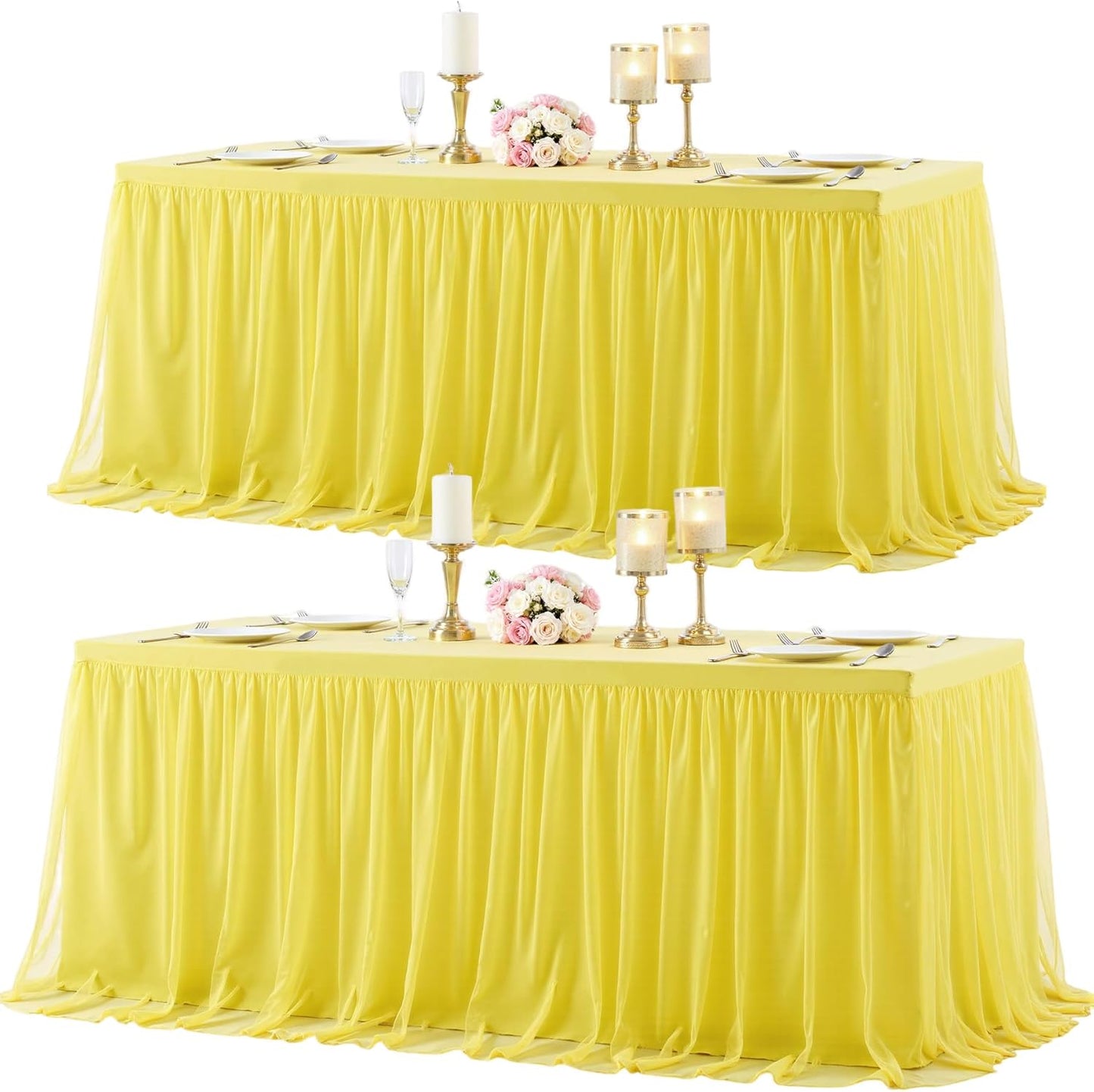 2 Pack Yellow Tulle Tablecloth for 6 Foot Rectangular Tables 6ft Yellow Rectangle Table Cloths Wrinkle Free Table Cover with Tutu Skirt for Birthday Cocktail Banquet Buffet Lemon Fruit Party Decor